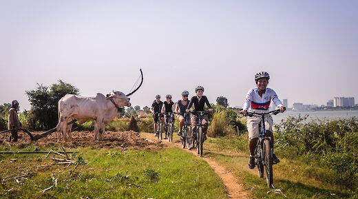 Biking on dirt roads on Silk Island, Phnom Penh, Cambodia. Grasshopper Active Day Tours