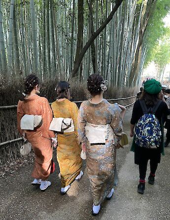 Geisha girls at the Bamboo Forest in Kyoto, Japan.