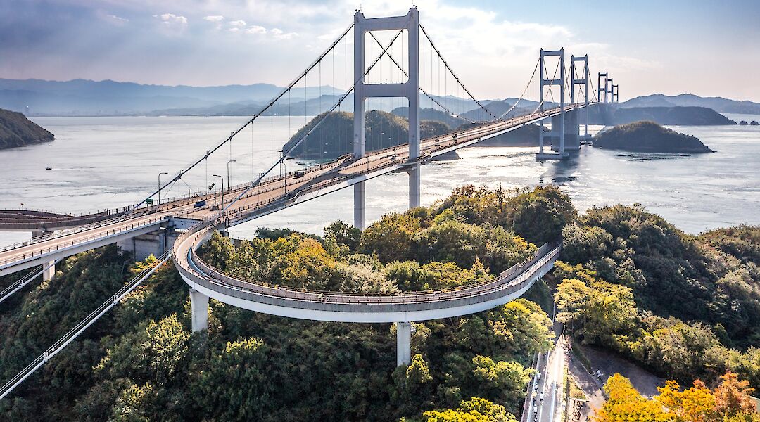 Seto Great Bridge along the Shimanami Kaido Cycling Route to Shikoku Island, Japan   34.38937, 133.298035