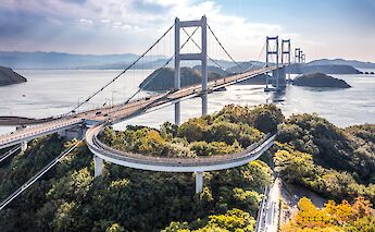 Seto Great Bridge along the Shimanami Kaido Cycling Route to Shikoku Island, Japan   34.38937, 133.298035