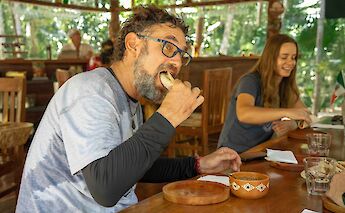 Tour guide eating brunch, Tulum, Mexico. CC:Mexico Kan Tours