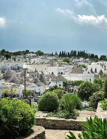 A view of traditional white trulli houses with conical roofs in Alberobello, surrounded by greenery.