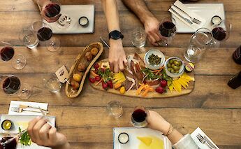 Cheese, prosciutto, and wine, Split, Croatia.