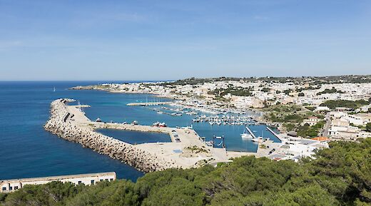 The harbor at Santa Maria di Leuca, the tip of Salento, with docks and buildings along the coastline.