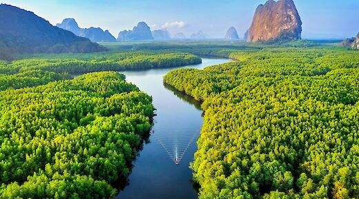 Boat motoring downriver, Asia. Unsplash@Getty Images