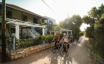Cyclists riding along a shaded road on a sunny day, surrounded by lush greenery and traditional houses.