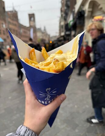 Patatje met is a popular Dutch street food of thick-cut fries topped with mayonnaise. ©Kirsten