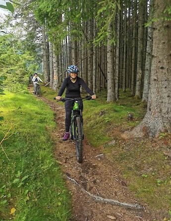 A person riding an e-mountain bike along a forest path in Voss, Norway.