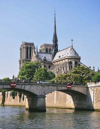 View of the Notre Dame Cathedral from across a river in Paris, France, with a stone bridge and lush greenery.