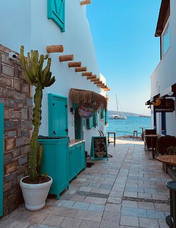 A narrow, cobblestone alley in Bodrum, Turkey, featuring buildings with turquoise accents and a view of the sea with moored boats in the distance.