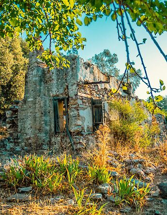 A stone ruin surrounded by greenery in Akyaka, Turkey, with branches framing the view under a clear blue sky.