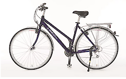 A purple standard touring bike with a step-through frame, equipped with a rear rack, kickstand, and labeled "Inselhüpfen."