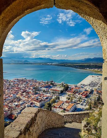 A view from the Palamidi Castle, overlooking the town of Nafplio. Pexels:Alexandros Milidakis