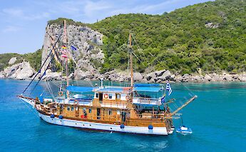 Drone shot of the Panagiota. CC:Island Hopping