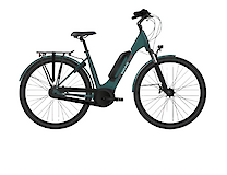 A green electrically assisted bike with a step-through frame, visible battery pack, and rear rack.