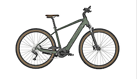 A robust green electric touring bike with a straight handlebar and tan sidewall tires, designed for efficient travel.
