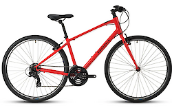 A red Ridgeback touring bike featuring a standard frame and straight handlebars, suitable for smooth road travel.