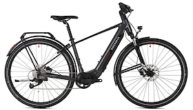 A gray Ridgeback electric bike equipped with a front suspension, disc brakes, and a rear rack, designed for versatile riding.
