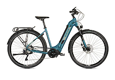A blue electric bike with a step-through frame, featuring fenders, a rear rack, and a suspension fork, designed for versatile use in different terrains.