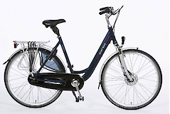 A dark blue touring bike with a step-through frame, equipped with fenders and a rear rack.