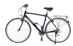A dark blue standard touring bike with a rear rack, designed for extended biking journeys.
