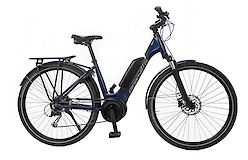 A blue electric bike with a sleek frame and battery pack attached to the frame, featuring a step-through design and disc brakes.