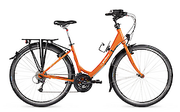 An orange standard touring bike with a step-through frame, fenders, rear rack, and multiple gears designed for long-distance rides.