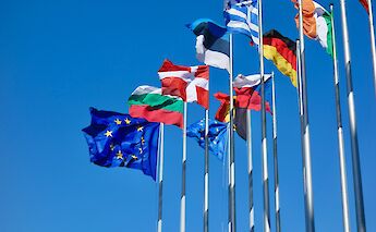Flags outside the European Parliament, Strasbourg bike tour, France. Antoine Schibler@Unsplash