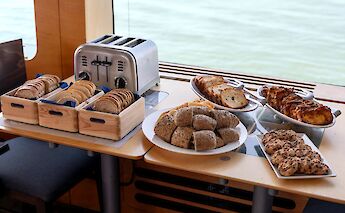 Fresh breakfast served aboard the barge. toGL